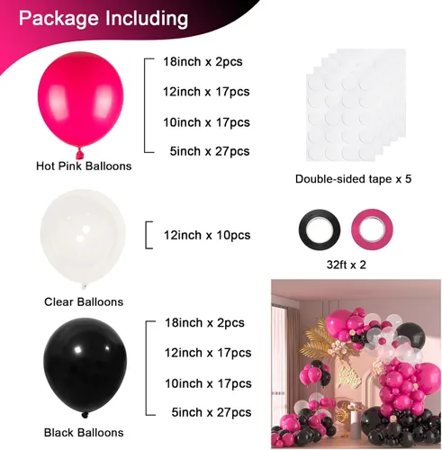 Vista 2 de 136 piezas de kit de arco de globos de color rosa eléctrico y negro con globos transparentes - 18/12/10/5 pulgadas de guirnalda gótica