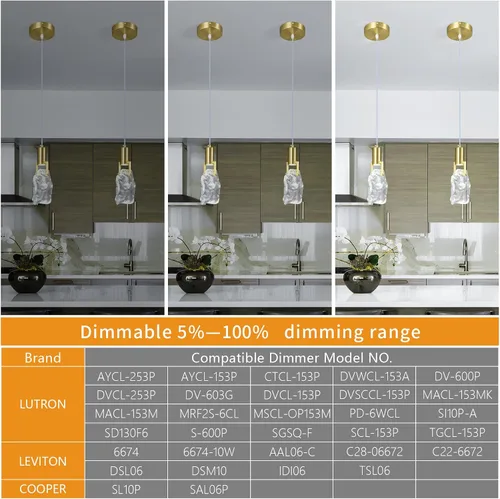 Vista 6 de Modernas luces colgantes doradas para isla de cocina, lámpara colgante de cristal irregular transparente, mini luces colgantes LED para cocina