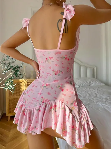 Vista 2 de Milumia Vestido de lencería con volantes y estampado floral para mujer