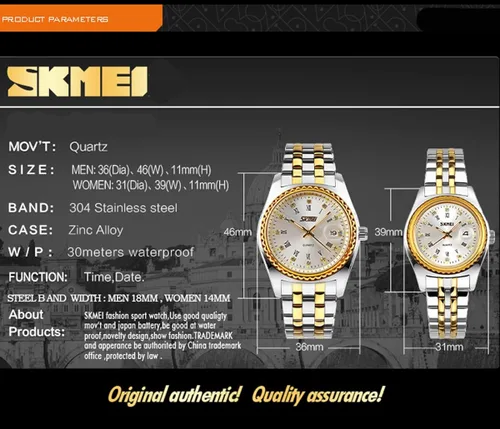 Vista 6 de SKMEI Watches for Couples Men and Women His and Hers Pair Watch Set Husband Wife Valentines Matching Wedding Gifts Classic Stainless Luxry Business