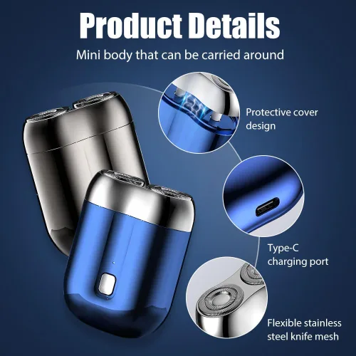 Vista 3 de Mini maquinilla de afeitar eléctrica portátil, modelo 2 en 1, mini afeitadora eléctrica de doble cabeza, recargable, impermeable, compacta, para Azul