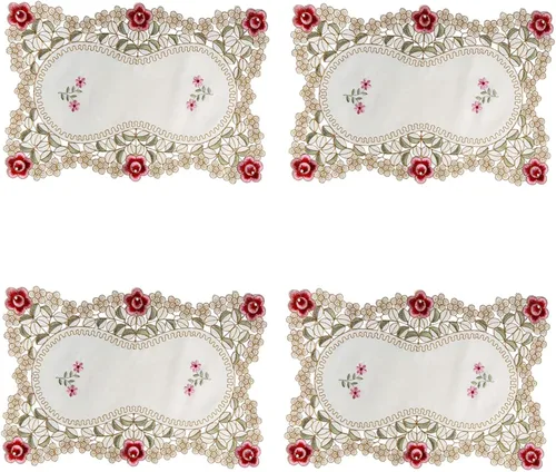 Vista 9 de LeLehome Juego de 4 manteles individuales bordados con flores, manteles individuales oblongos beige rosa, decoración para hogar, cocina, comedor