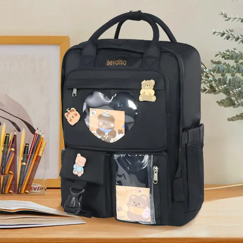 Vista 2 de Bevalsa Mochila Kawaii para niñas y niños, linda mochila Ita con corazón japonés, mochila escolar para adolescentes y niñas con bonitos pines, Negro