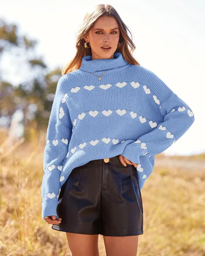Vista 5 de BTFBM Suéteres casuales de cuello alto para mujer, con estampado de corazón, manga larga, de punto, para otoño e invierno