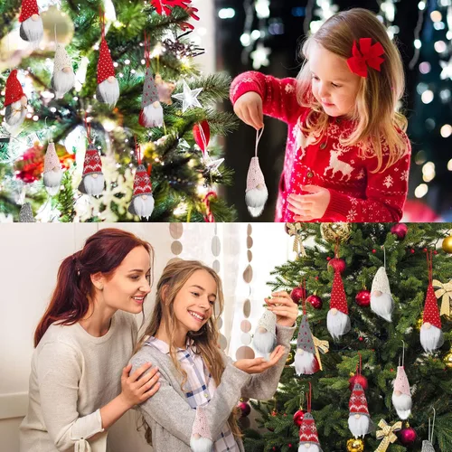 Vista 6 de Juego de 16 adornos de gnomo para árbol de Navidad, hechos a mano, colgantes, suecos, de felpa, Papá Noel, elfo, decoraciones de árbol de Navidad