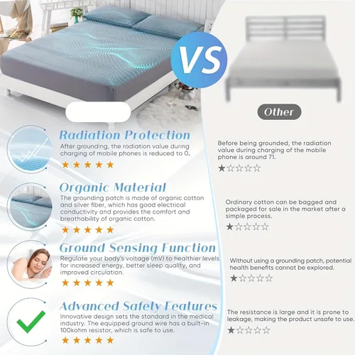 Vista 9 de Grounding Sheets, 95% algodón orgánico + 5% fibra plateada, sábana bajera ajustable conectada a tierra con cordón de conexión a tierra