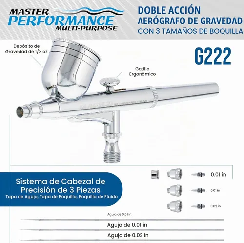 Vista 2 de Master Airbrush G222 juego de aerógrafo de precisión multiusos, acción dual, impulsado por gravedad