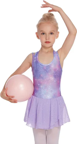 Vista 4 de Zaclotre Leotardos de gimnasia para niñas, con tirantes cruzados, brillantes vestidos de baile de ballet con espalda hueca y falda para disfraz