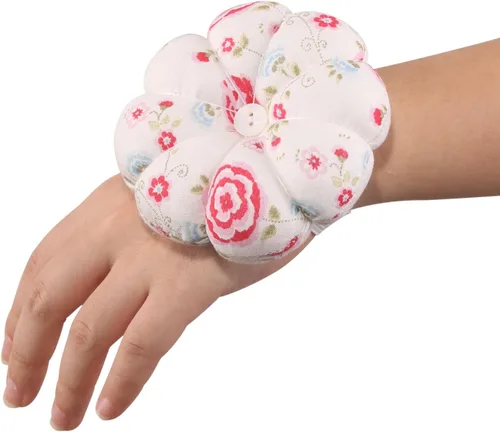 Vista 4 de NEOVIVA Pinc para coser con pulsera, bonito cojín de muñeca para costura diaria, estilo calabaza, paquete de 2, prisma floral rosa