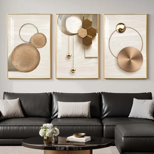 Vista 28 de Arte de pared moderno enmarcado en blanco y negro, 3 piezas de impresiones contemporáneas grandes para paredes, juego de 3 imágenes de hojas doradas