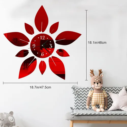 Vista 2 de Adhesivo de pared acrílico, diseño de flores en 3D Self-Adhesive Red Acrylic Crystal Material, Mirror Wall Clock For Home, Apartment And Indoor