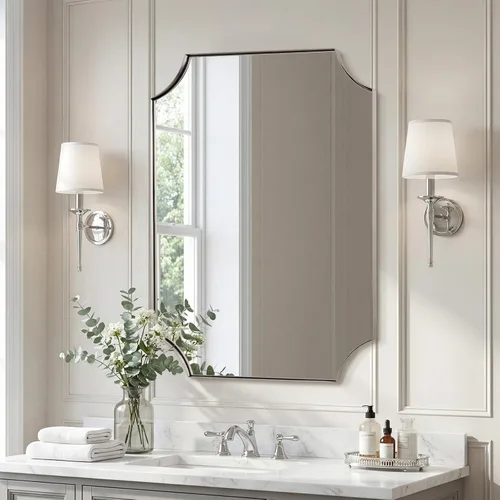 Vista 14 de ANDY STAR Espejo de baño de bronce cepillado, espejo festoneado de 24 x 36 pulgadas para baño, espejo rectangular de bronce antiguo con marco