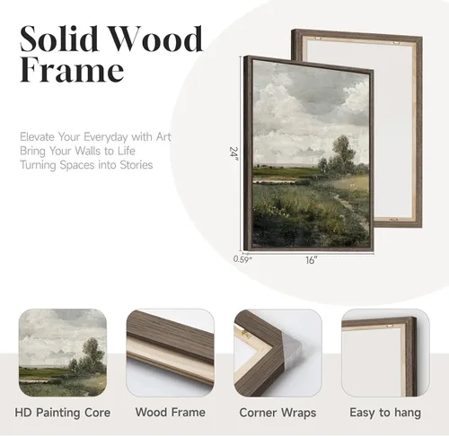 Vista 7 de 3 piezas de arte de pared en lienzo con marco vintage, gran impresión de granja de paisaje floral verde y árbol, obra de arte retro floral francesa
