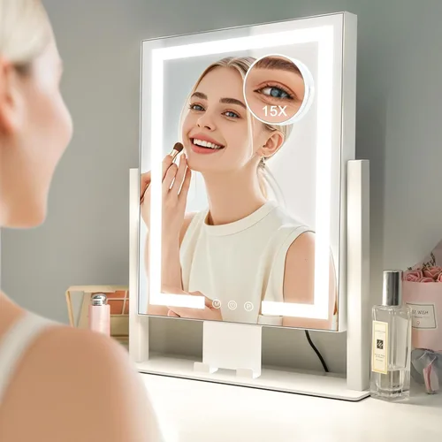 Vista 7 de Espejo de Maquillaje con Luces, Espejo de Tocador con 3 Modos de Iluminación, Espejo Iluminado, Sensor Táctil, Alimentado por CA, Giratorio 360°