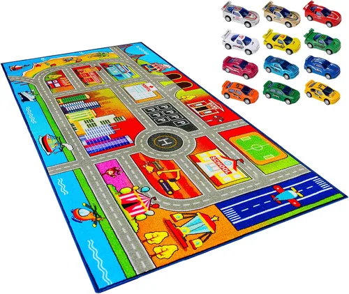 Vista 13 de Booooom Jackson Alfombra Infantil de Tren y Ciudad - Antideslizante, Lavable, Pista de Carreras de Coches para Niños y Niñas