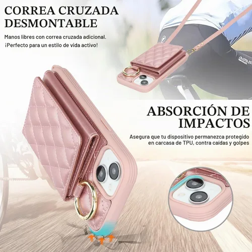 Vista 6 de Funda para iPhone 14 con tarjetero y correa para mujer, cordón cruzado, espejo de maquillaje, soporte de anillo, cierre a presión, bonitas fundas