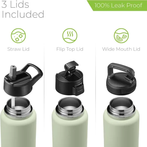 Vista 91 de SIPX™ Botella de Agua Aislada de 18 oz con 3 Tapas – Acero Inoxidable a Prueba de Fugas, Triple Aislamiento – Frío 24 Horas/Caliente 12 Horas – Negro