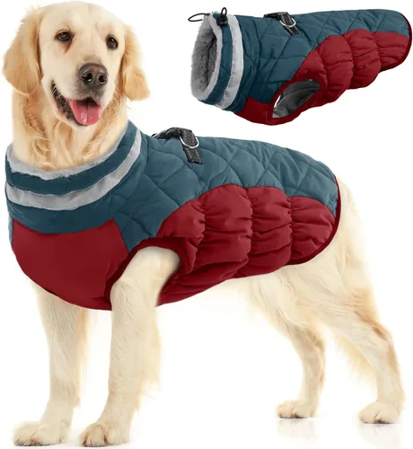 Vista 23 de Abrigo para perro, chaqueta cálida de invierno, acolchada, de vellón, chaleco reflectante con arnés, chaqueta de nieve impermeable con cremallera, a