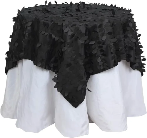 Vista 3 de TABLECLOTHSFACTORY - Mantel cuadrado de tela de tafetán de pétalos de hojas 3D de 54 pulgadas, color negro