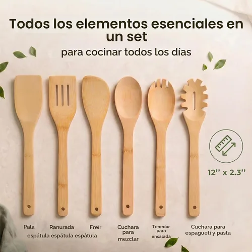 Vista 6 de Juego de utensilios de madera de bambú, 6 piezas, antiadherentes, seguros y resistentes al calor, utensilios de bambú para cocinar, fáciles