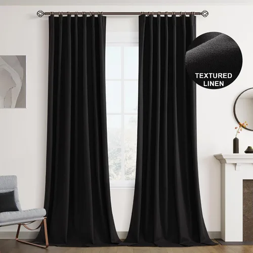 Vista 34 de Joywell - 2 cortinas de lino 100% opacas, con bolsillo para cortinero, trabilla trasera, cinta para ganchos y anillas con clip, con aislamiento