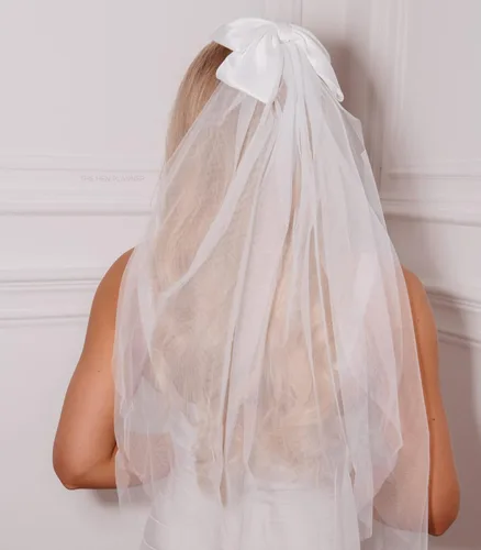 Vista 3 de Velo de despedida de soltera con lazo en blanco - Elegante velo de tul de boda y lazo de satén, Blanco