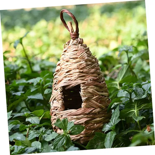 Vista 2 de Happyyami Adorno de nido de pájaro canario, 1 unidad, casa de pájaros, el nido de pájaro, colgante de colibrí de madera para exteriores, decoración