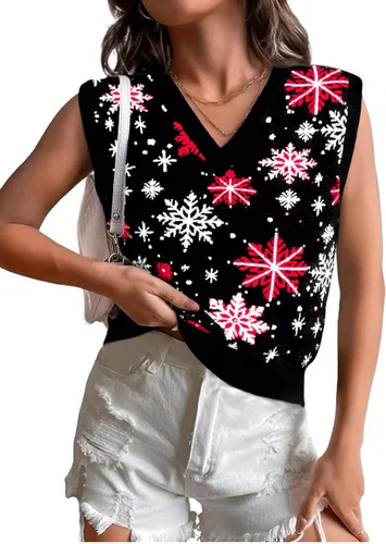 Vista 6 de JULYCLO Chaleco de Suéter Navideño para Mujer, Suéter Feo de Renos Tejidos y Copo de Nieve, Estilo Casual, con Cuello en V, Sin Mangas, Parte Negro