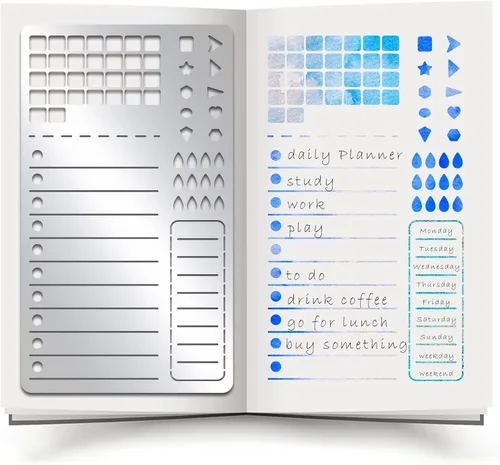 Vista 10 de INFUNLY Plantillas de metal para diario, 2 unidades, forma de planificación, plantillas de diario de viñetas, plantilla de metal para cuadernos