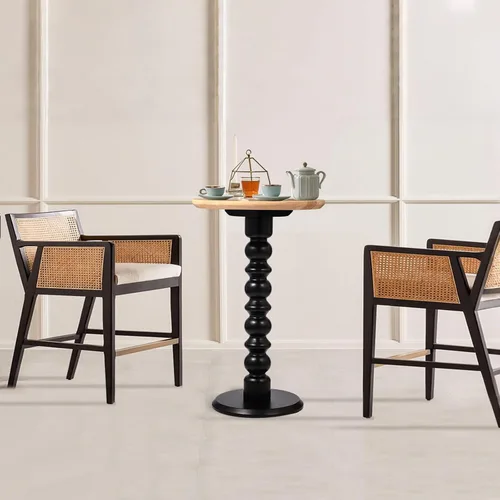 Vista 7 de Mesa auxiliar redonda de madera maciza, mesa pequeña para bebidas para espacios pequeños, mesa auxiliar de pedestal con base de madera, mesa