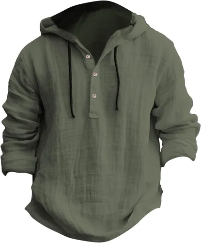 Vista 3 de Camisas de lino para hombre, ligeras, con botones, de manga larga, con capucha, ajuste regular, de algodón, para la playa