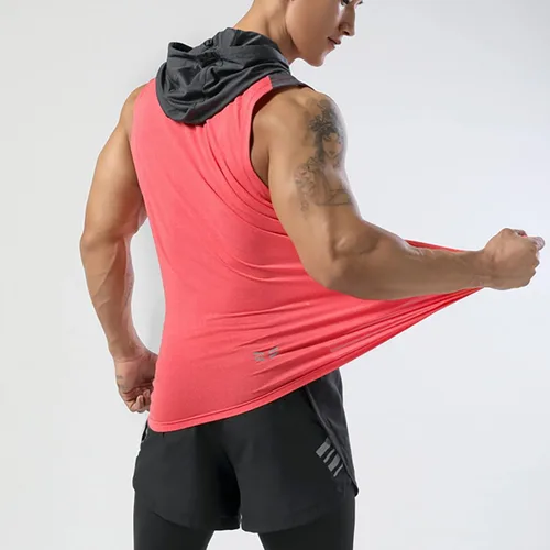 Vista 4 de Camisetas sin mangas con capucha para hombre, con capucha, recortadas, atléticas, para gimnasio, T55N