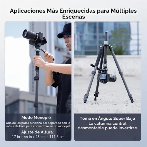 Vista 7 de SMALLRIG Trípode de Video de Viaje de 160 cm, Trípode de Fibra de Carbono con Cabeza Fluida de Liberación Rápida, Base de Nivelación y Columna