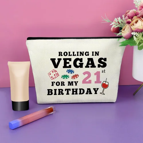 Vista 4 de Sazuwu Bolsa de maquillaje para regalos de cumpleaños número 21 para mujer, Rolling in Vegas para mi cumpleaños número 21
