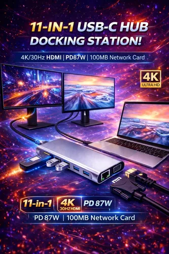 Vista 6 de Estación de acoplamiento multipuerto USB-C 11 en 1 con HDMI 4K, VGA, Ethernet, 100 W PD, USB 3.0, lector de tarjetas SD/TF y conector de audio
