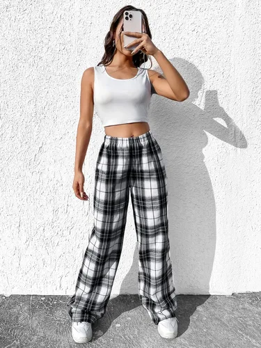 Vista 6 de OYOANGLE Pantalones largos sueltos casuales de cintura alta con estampado a cuadros para mujer