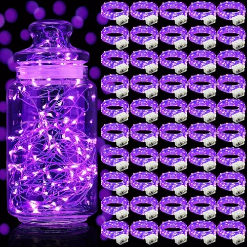 Vista 12 de Aogist Paquete de 24 luces de hadas, 3 modos, 2,1 metros, 20 luces LED, impermeables, cable plateado, funcionan con pilas, mini luces de alambre