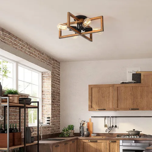 Vista 7 de KEESFU Lámpara de techo retro semiempotrada de 4 luces, con acabado de grano de madera de granja, iluminación rústica para dormitorio, sala