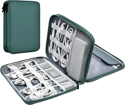 Vista 8 de Organizador de cables de cuero para viaje, impermeable, organizador de cables de viaje, portátil, organizador técnico, estuche de viaje para Verde