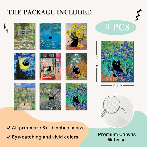 Vista 2 de Kizbok Juego de 9 carteles divertidos de gato negro, impresiones artísticas de pared de gato negro vintage de Monet Matisse Van Gogh, gatos negros