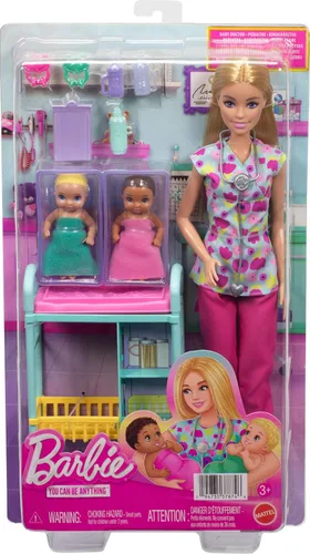 Vista 6 de Barbie Careers - Juego de doctora de bebés con muñeca rubia de moda, 2 muñecas de bebé, mesa de examen y accesorios