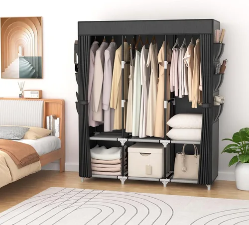 Vista 2 de VTRIN Armario portátil para colgar ropa con cubierta, 3 varillas colgantes, 6 estantes de almacenamiento y bolsillo lateral, Tubo de metal