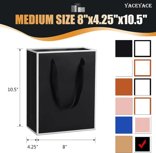 Vista 3 de YACEYACE Bolsas de regalo negras con asas, 10 bolsas a granel de 8 x 4 x 10.5 pulgadas para fiestas, cumpleaños, bodas, venta al por menor