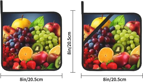 Vista 2 de Juego de 2 soportes para ollas con estampado de frutas, resistentes al calor, almohadillas calientes gruesas con bucle, resistentes al calor