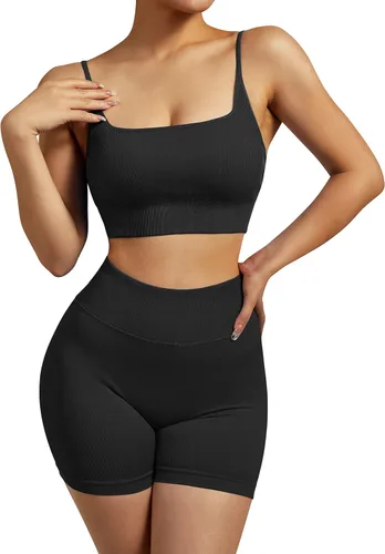 Vista 7 de RXRXCOCO Conjuntos de entrenamiento para mujer, 2 piezas, conjuntos de yoga acanalados, sin costuras, cintura alta, pantalones cortos con brasier