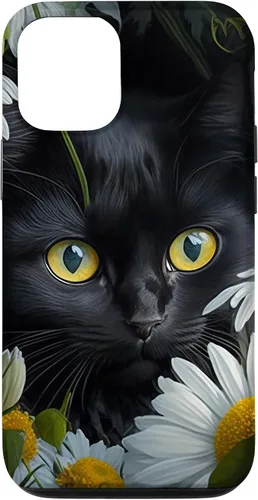 Vista 26 de iPhone 16 Black Cat with Daisies – Enchanting Floral Design Case