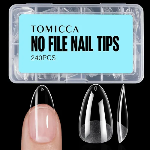 Vista 19 de TOMICCA Puntas de uñas de almendra extra cortas, 240 unidades, 15 tamaños, puntas de uñas de gel transparente preformadas, no necesita lima, uñas