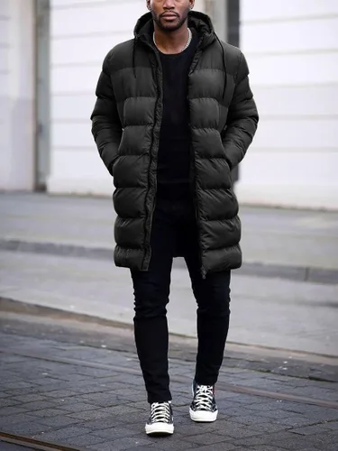 Vista 2 de Runcati Abrigo acolchado con capucha para hombre, chaqueta larga y cálida de invierno, gruesa y acolchada con capucha