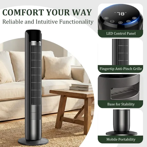 Vista 3 de Tower Fan for Bedroom, Bladeless Cooling Fan with Remote, 60° Oscillating Standing Fan with 28dB Quiet for Sleep, 12H Timer, 5 Speeds 4 Modes, LED