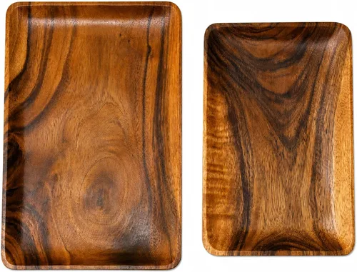 Vista 10 de Bandeja redonda de madera para servir, asas de hierro, tablero de madera de acacia rústica, decorativo para alimentos y bebidas para el hogar, 14